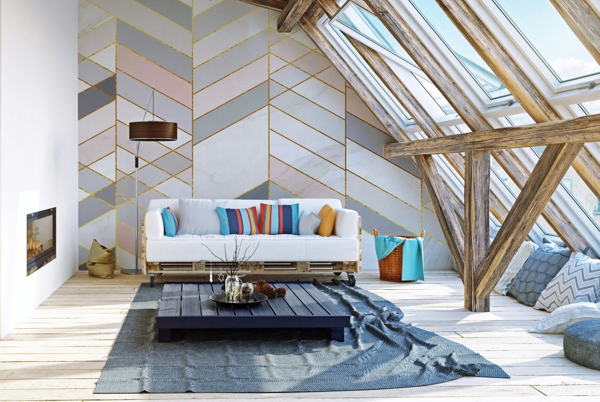 Living room attic space with chevron marble wall mural and white sofa.