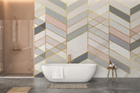 Modern bathroom with marble pattern wall mural behind a white freestanding tub.