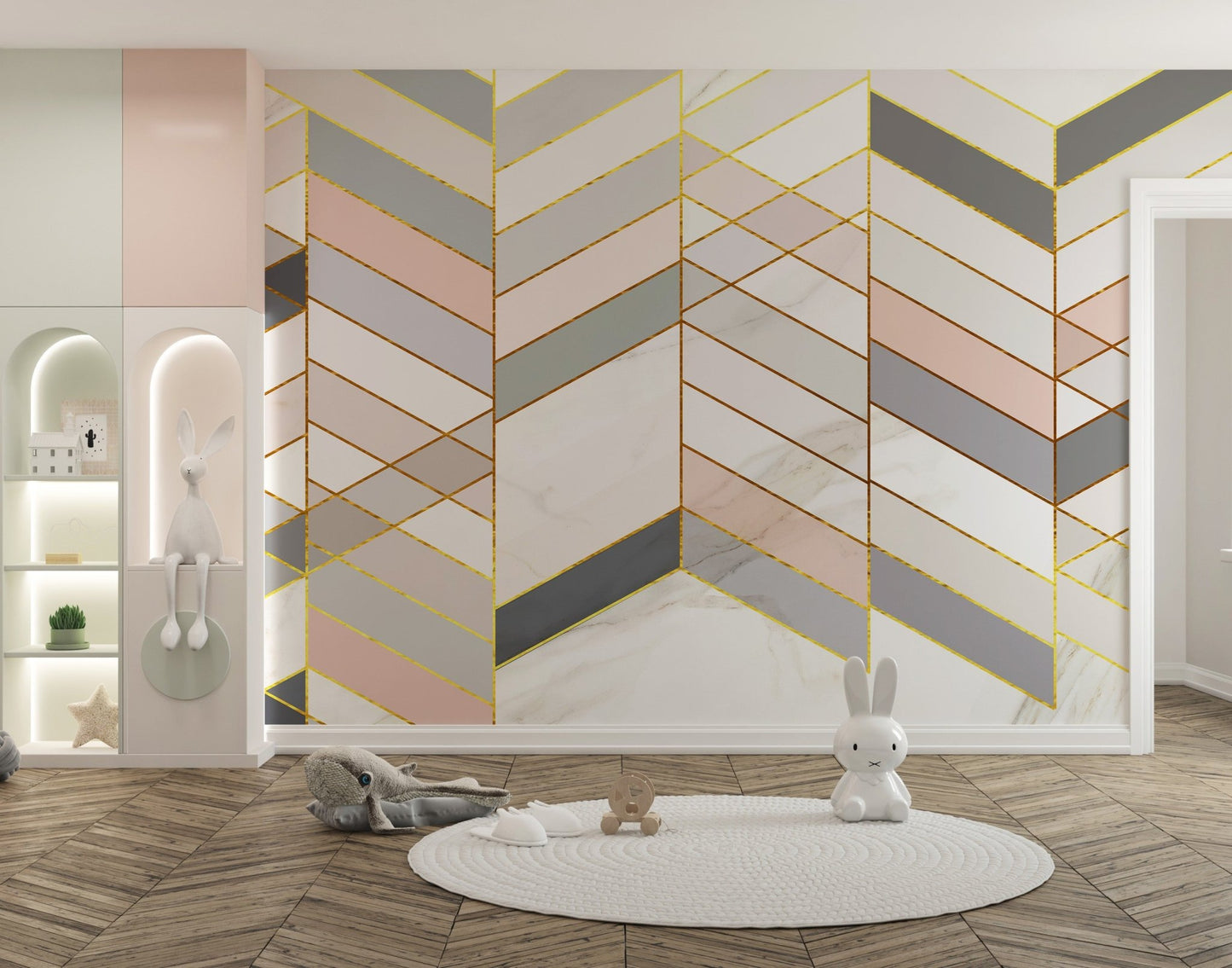 Kids play area featuring geometric marble wall mural with pink and gold lines.