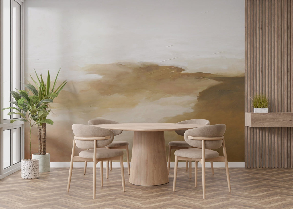 Golden watercolor abstract wallpaper with earthy ochre and cream tones.