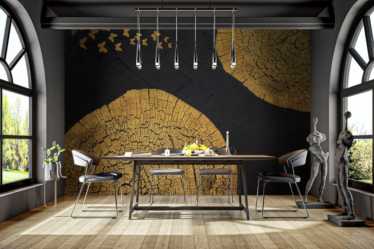 Graceful wall art mural featuring butterflies and gold tones.