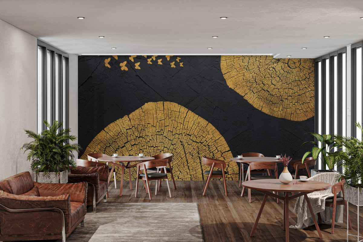 Golden butterfly mural with textured wood grain detail for dining room.