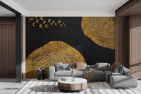 Serene golden wall mural with wood grain and butterflies.