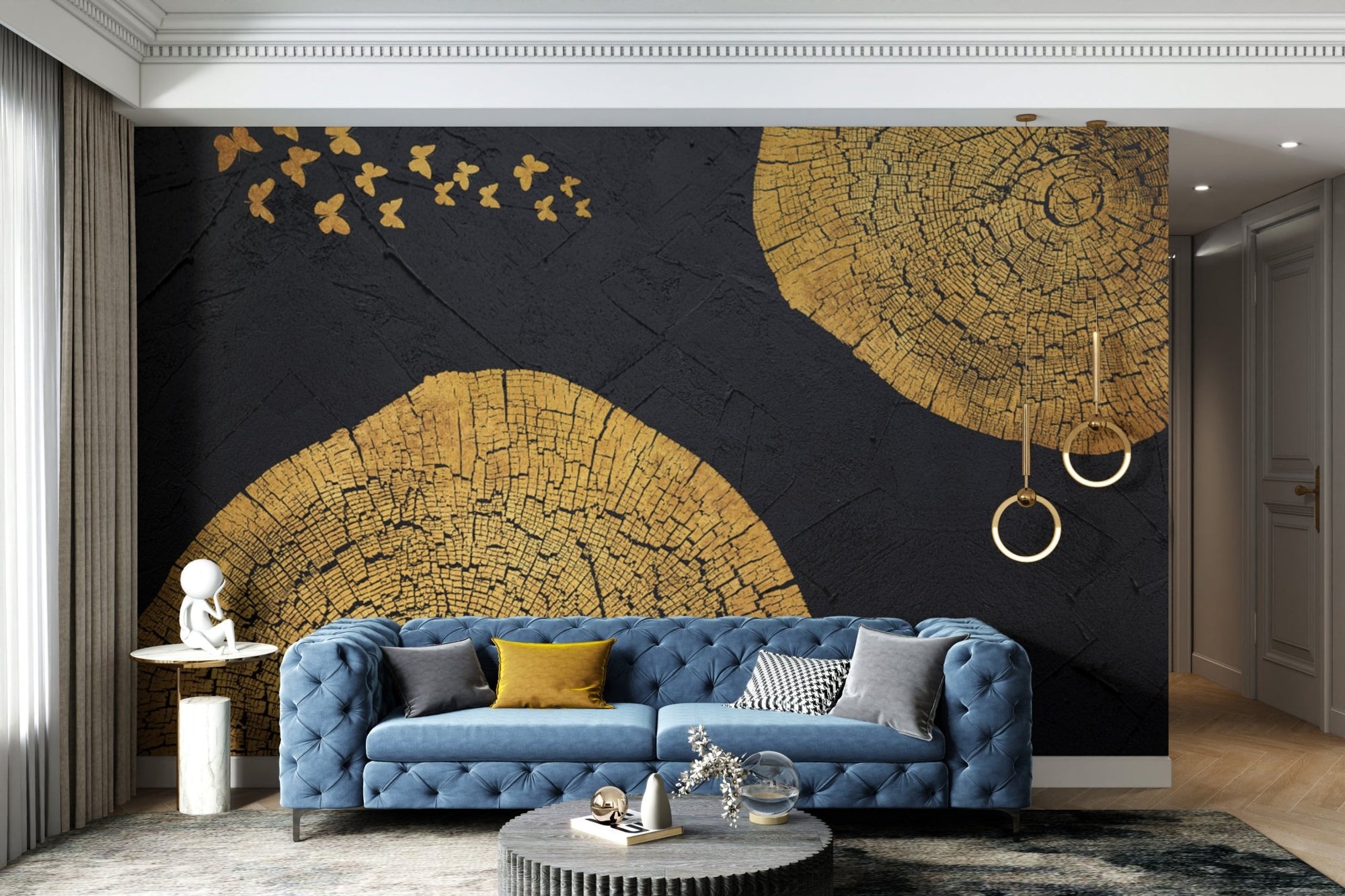 Elegant mural with golden wood grain and butterflies for hallway walls.