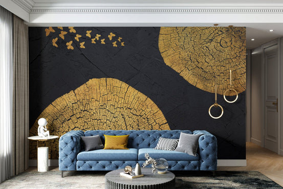 Elegant mural with golden wood grain and butterflies for hallway walls.