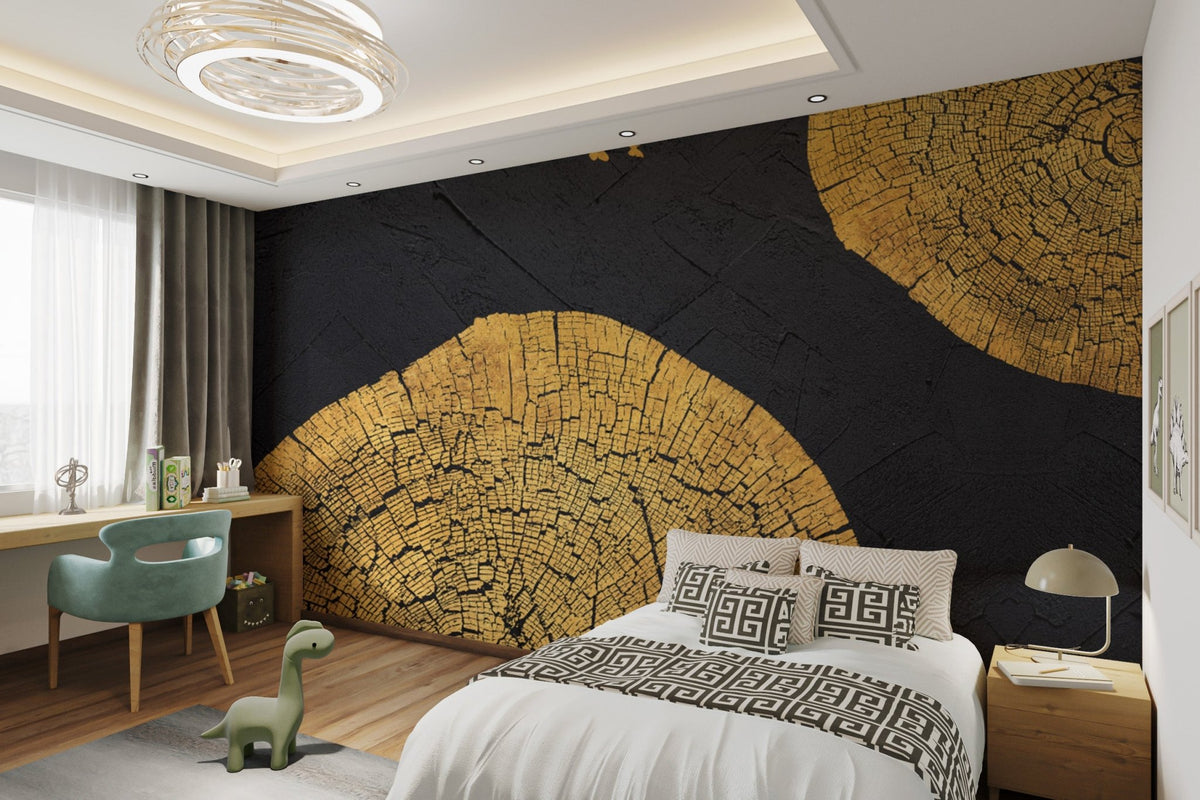 Contemporary black textured wall mural with golden wood grain artwork.