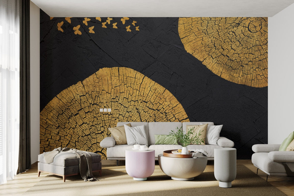 Artistic golden mural with butterfly and wood motifs.