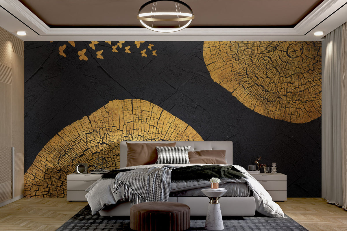 Sophisticated wood grain mural with adorned butterflies for bedroom wall.