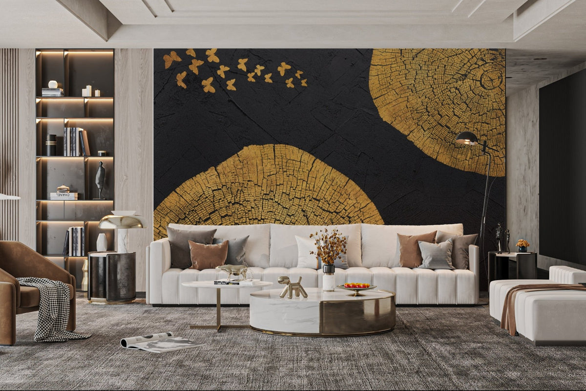 Stunning wood grain design mural with golden butterfly accents for living room.