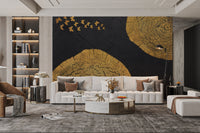 Stunning wood grain design mural with golden butterfly accents for living room.