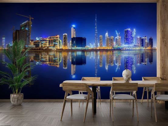 Dining room with wooden table and Gorgeous Dubai Cityscape Mural.