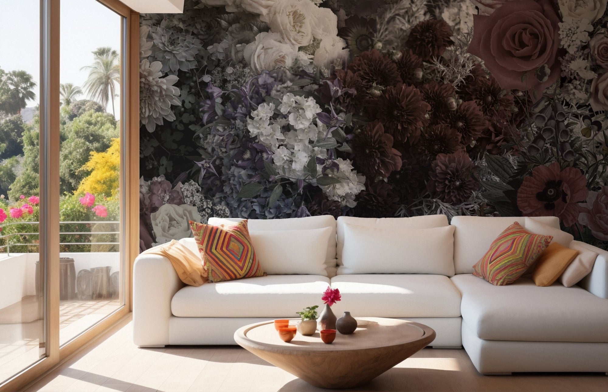 White sofa in a bright living room with Gothic Garden Dark Floral Wall Murals.