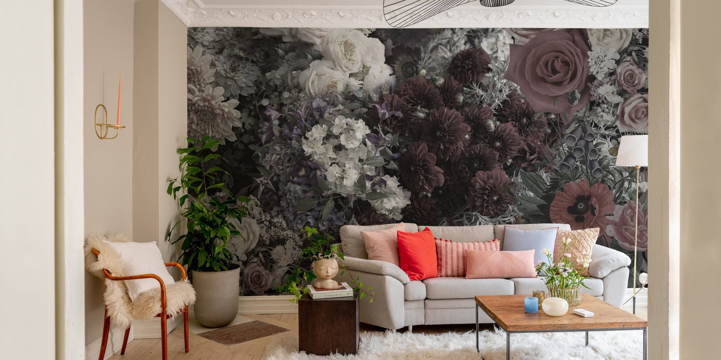 Peaceful mural showcasing gothic-inspired dark floral designs in living room.
