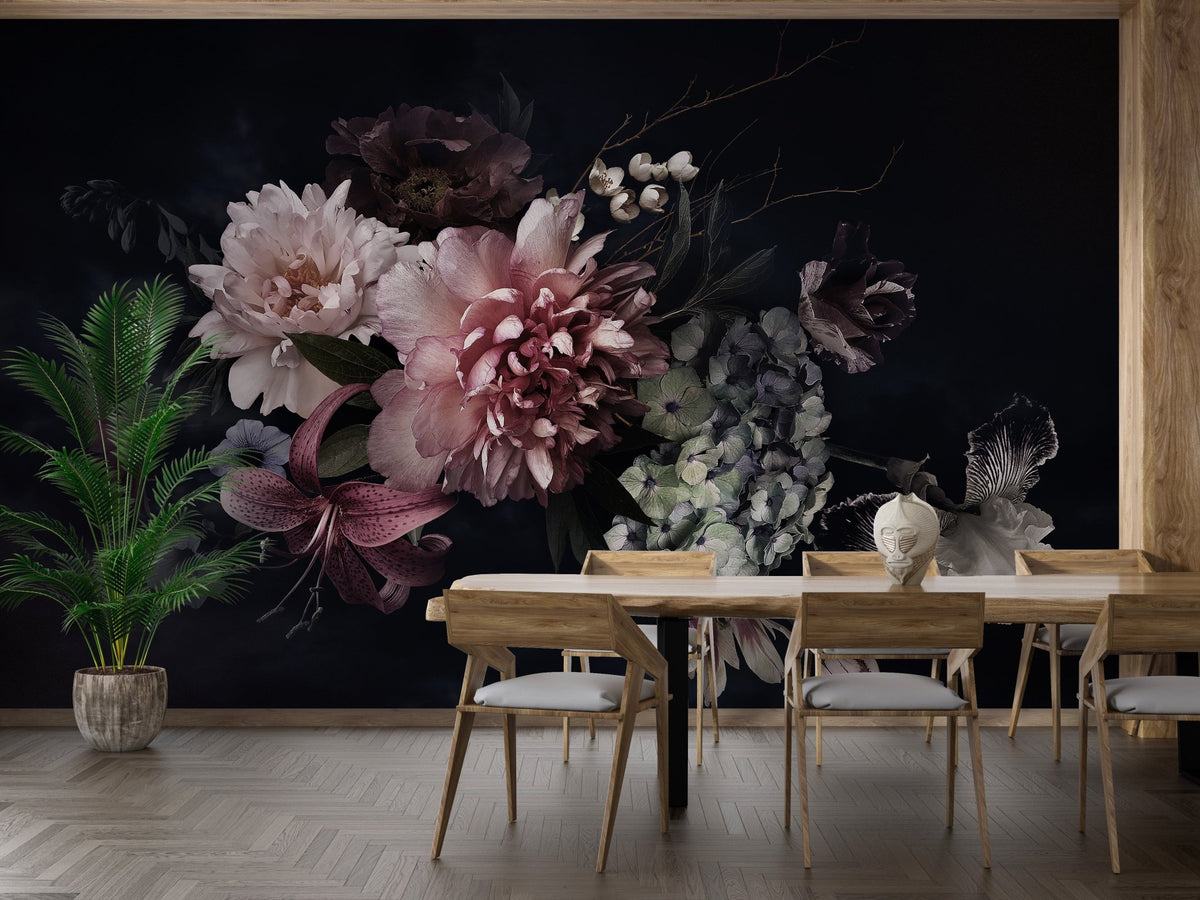 Moody pink flower garden wall mural behind a wooden dining table set.