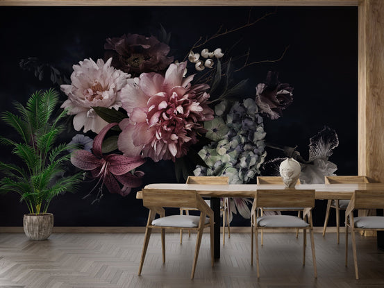Moody pink flower garden wall mural behind a wooden dining table set.
