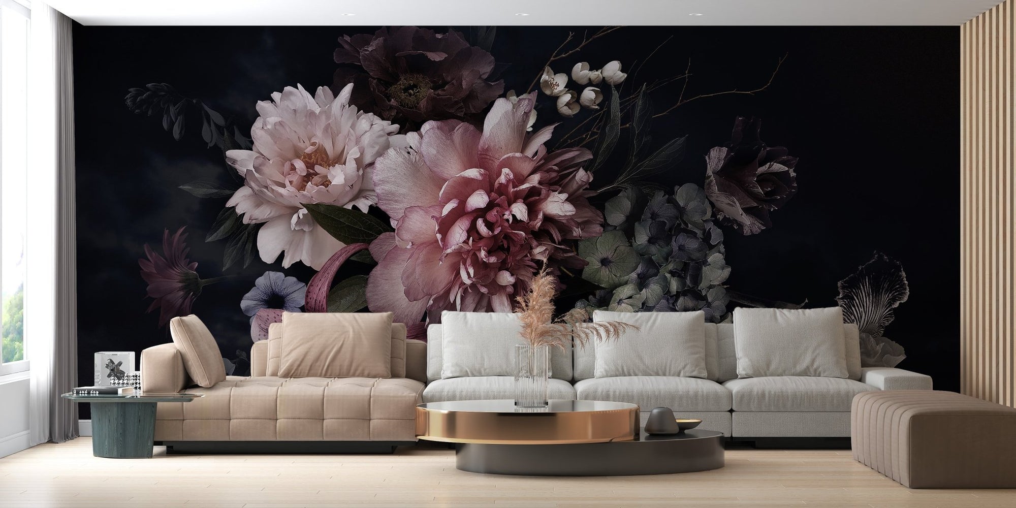 Dark floral garden wallpaper mural in a modern living room with a beige sofa.