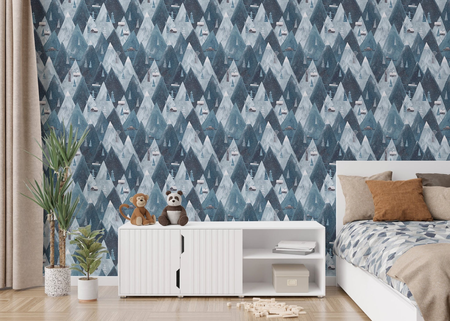 Gouache mountains houses scandinavian wallpaper in bedroom with white cabinet.