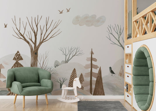Gouache winter forest peach wall mural with soft painted trees
