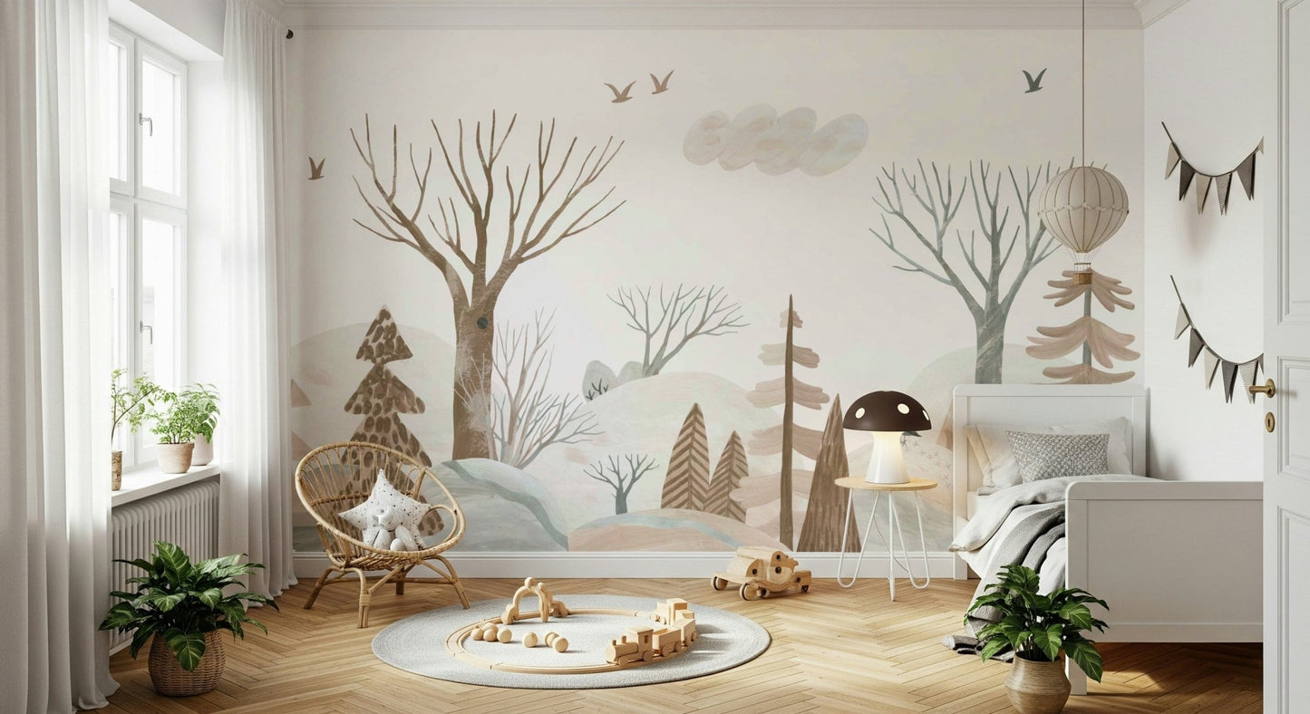 Gouache Winter Forest Peach Wall Mural - Wallanza