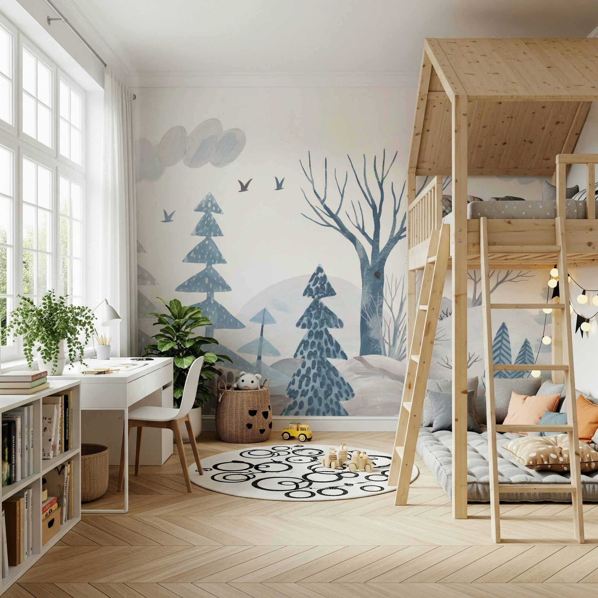 Gouache winter forest wall mural with hand-painted evergreen trees.