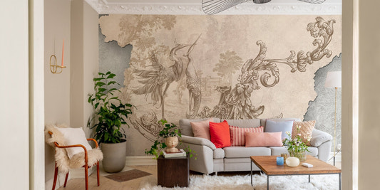 Living room interior featuring Beige Rococo Design wall mural.