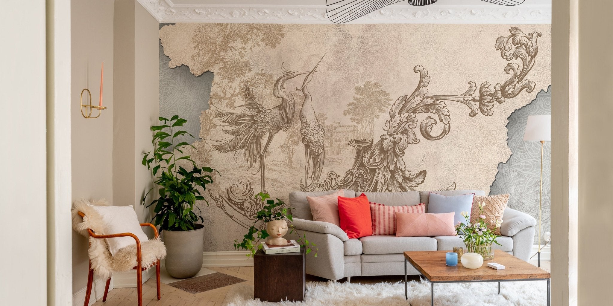 Living room interior featuring Beige Rococo Design wall mural.