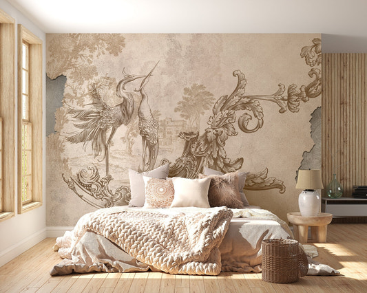 Graceful Beige Rococo Design wall mural in a bright master bedroom.