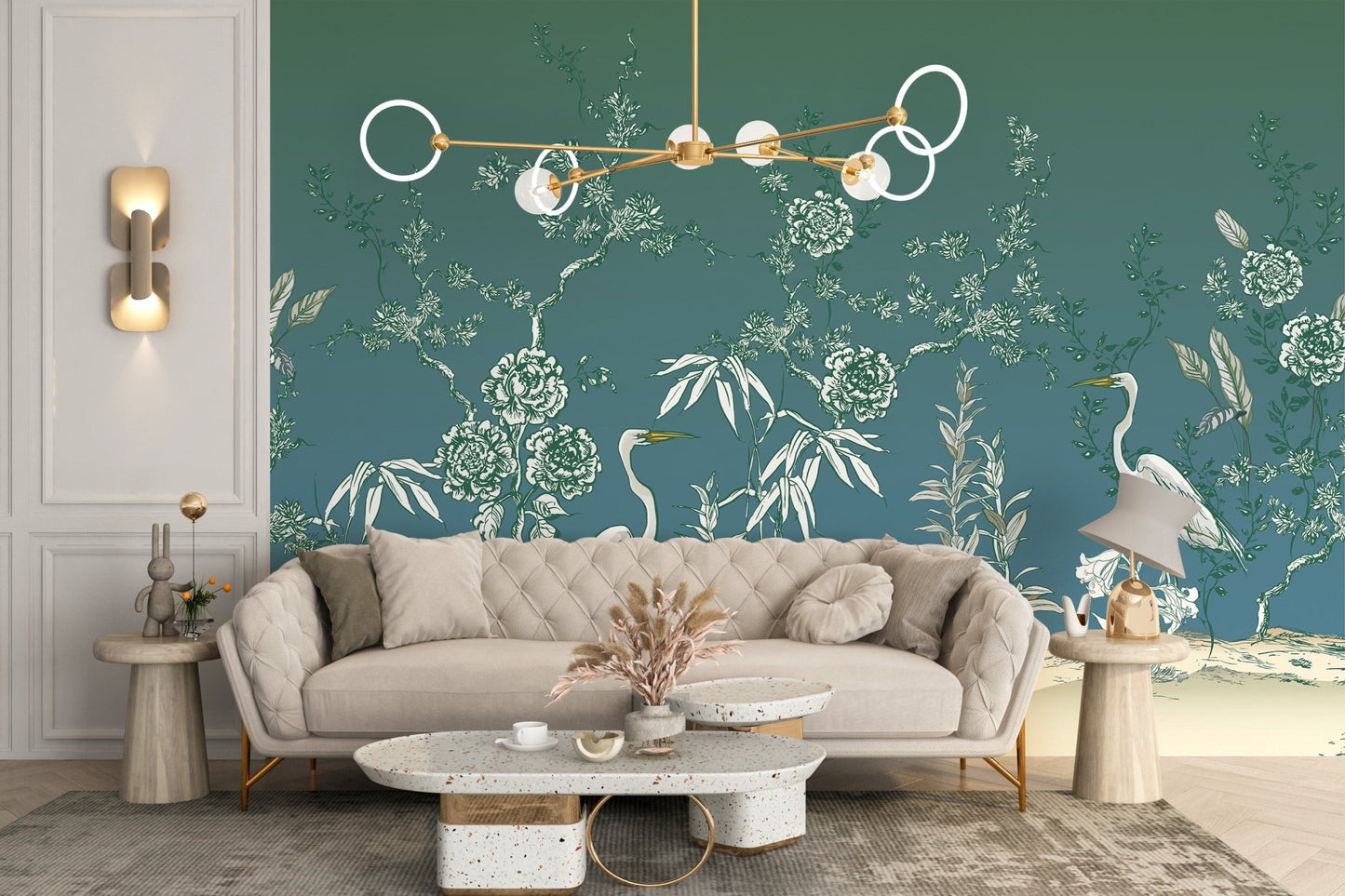 Crane birds in a timeless vintage mural wallpaper
