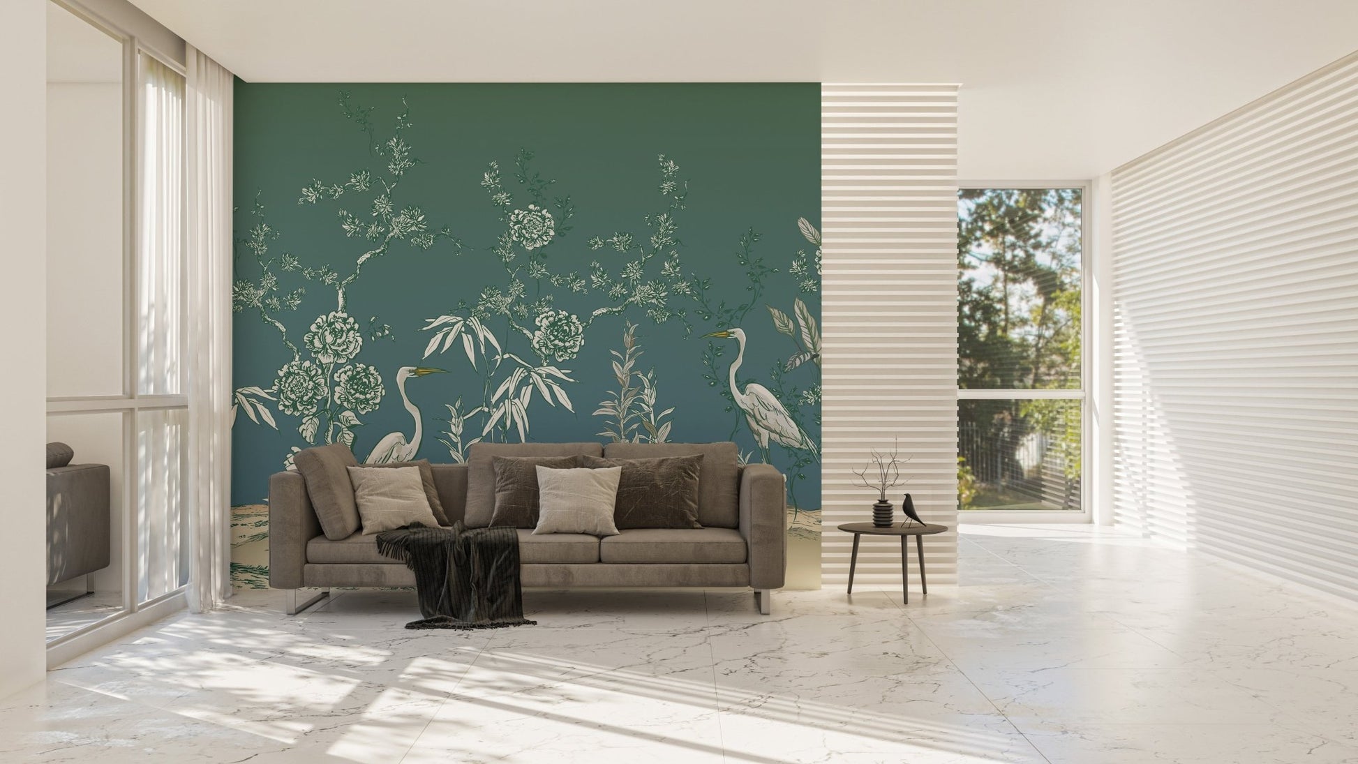 Vintage-inspired mural with cranes and garden wallpaper
