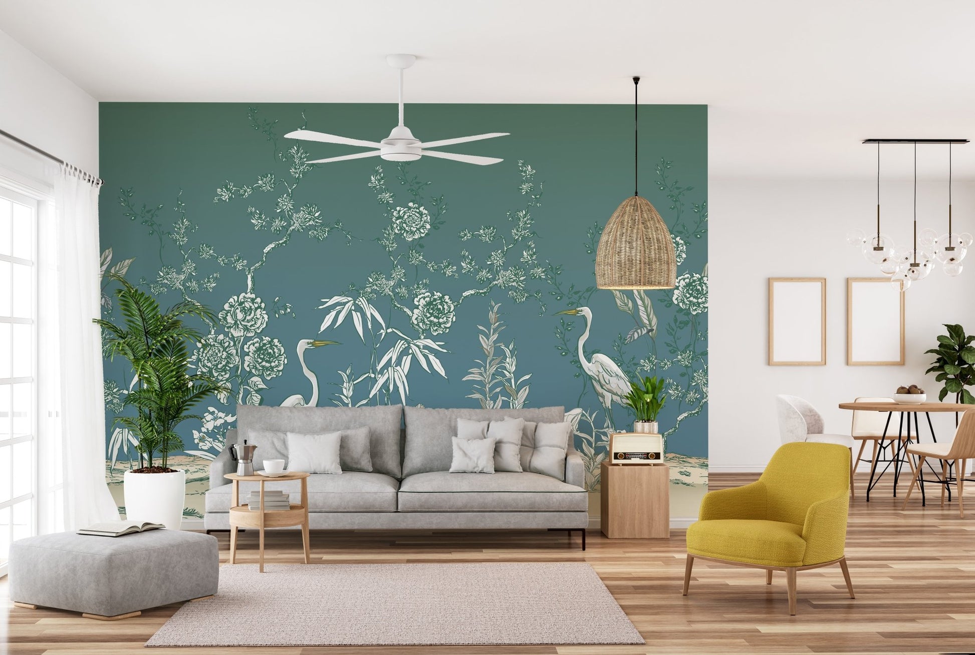 Wallpaper mural of cranes in vintage garden style
