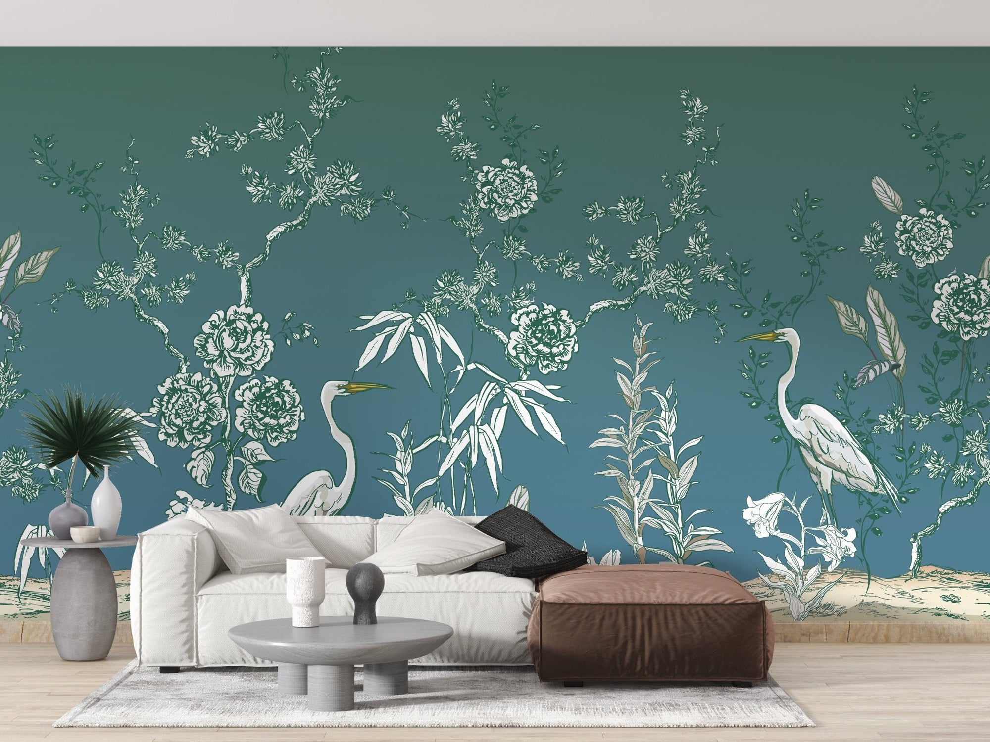 Graceful Crane Birds in Vintage Garden Murals in a living room.