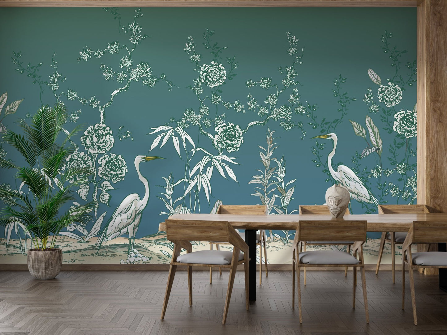 Elegant crane birds vintage nature mural wallpaper
