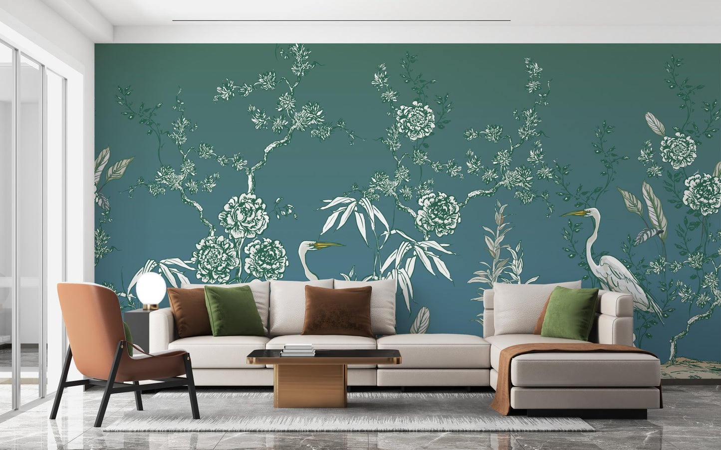 Vintage garden mural with crane birds wallpaper
