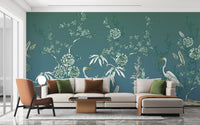 Vintage garden mural with crane birds wallpaper
