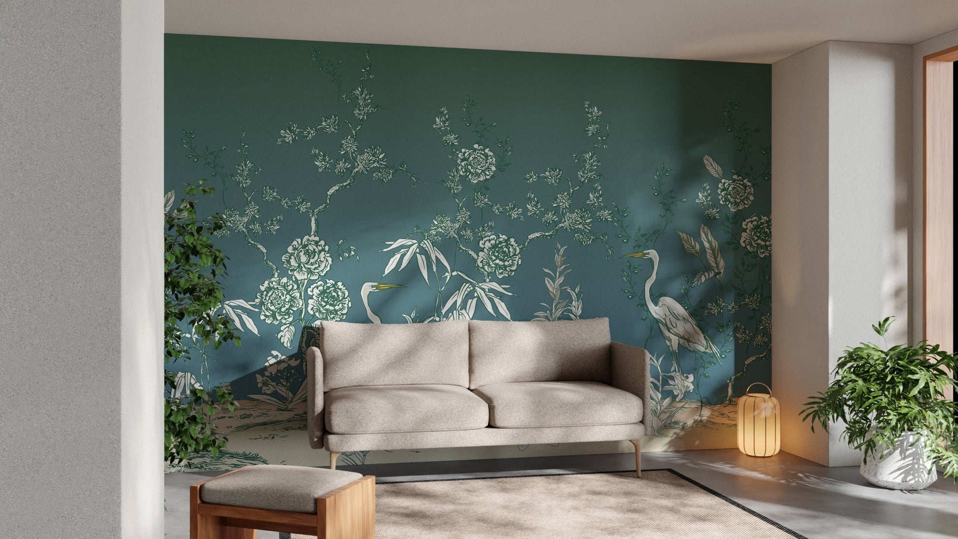 Crane birds in serene vintage garden mural design
