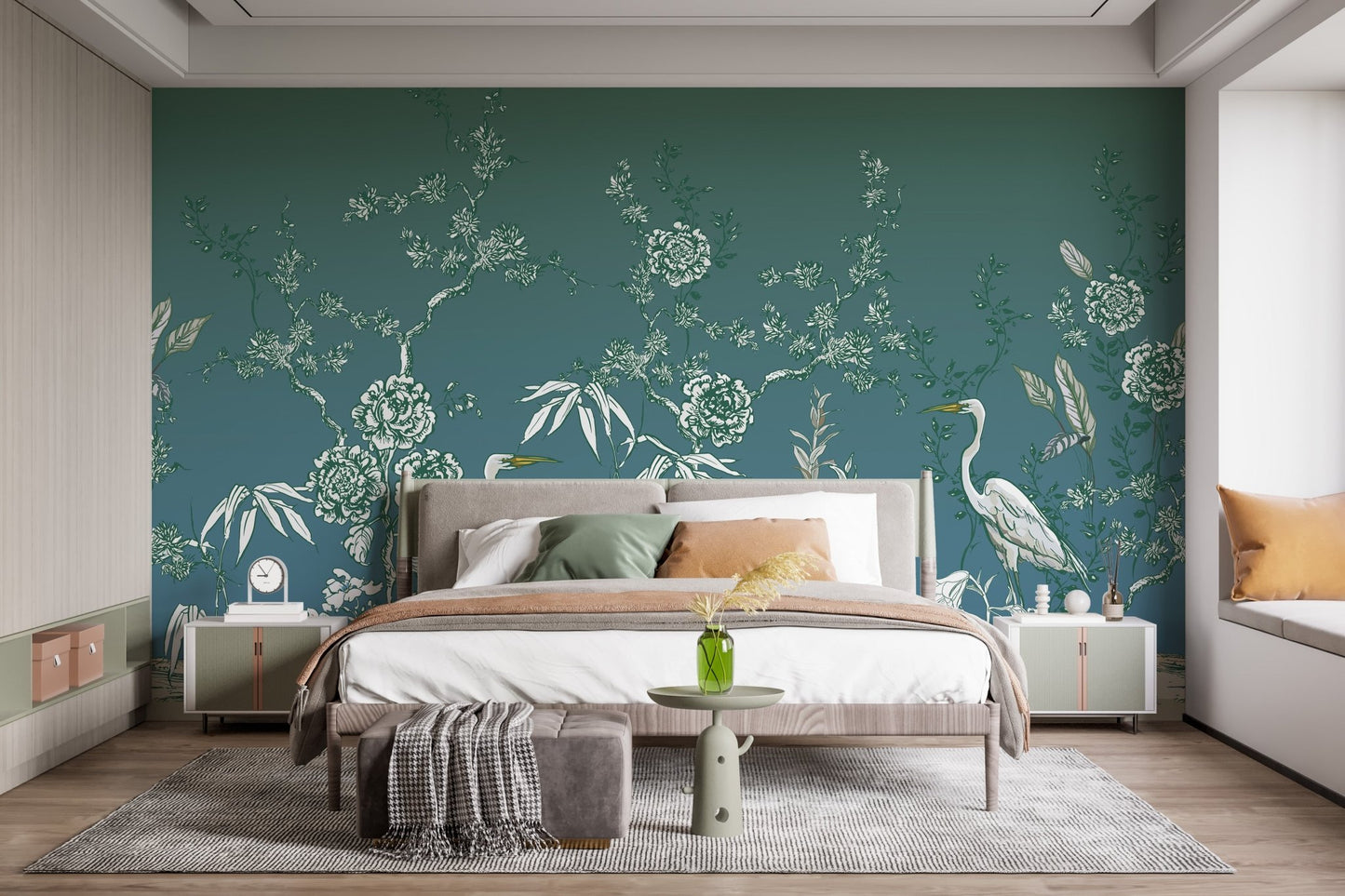 Wallpaper mural with vintage garden crane birds



