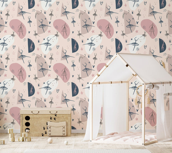 Ballerina dance wallpaper in a nursery with a wooden house bed and white curtains.