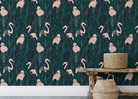 Graceful delicate pink flamingos rich lush exotic wallpaper in a wooden bench setting.