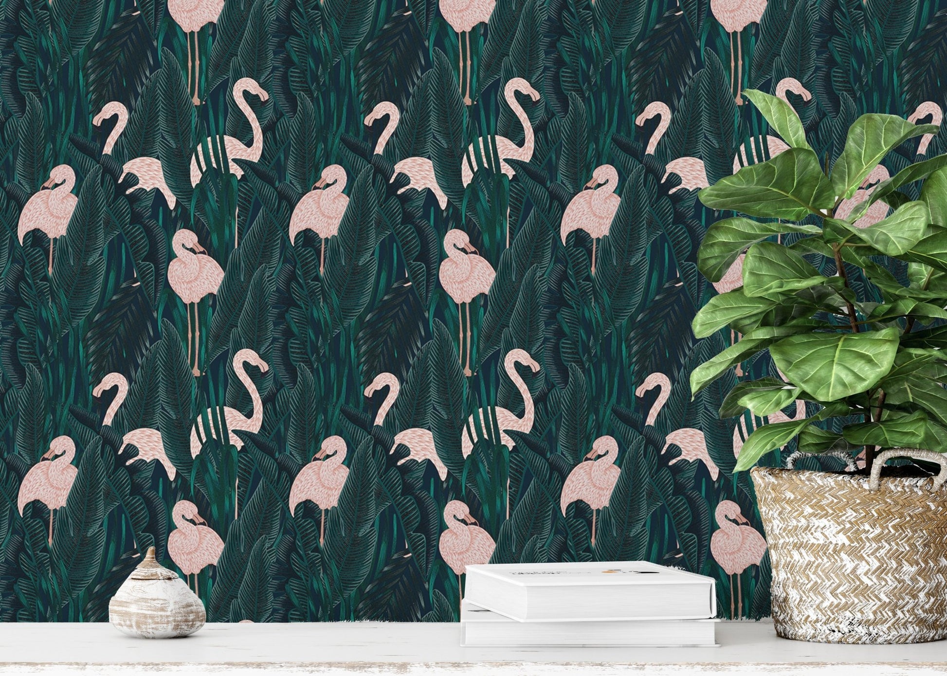 Graceful flamingos wallpaper with lush exotic details in study space.