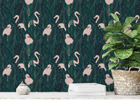 Graceful flamingos wallpaper with lush exotic details in study space.