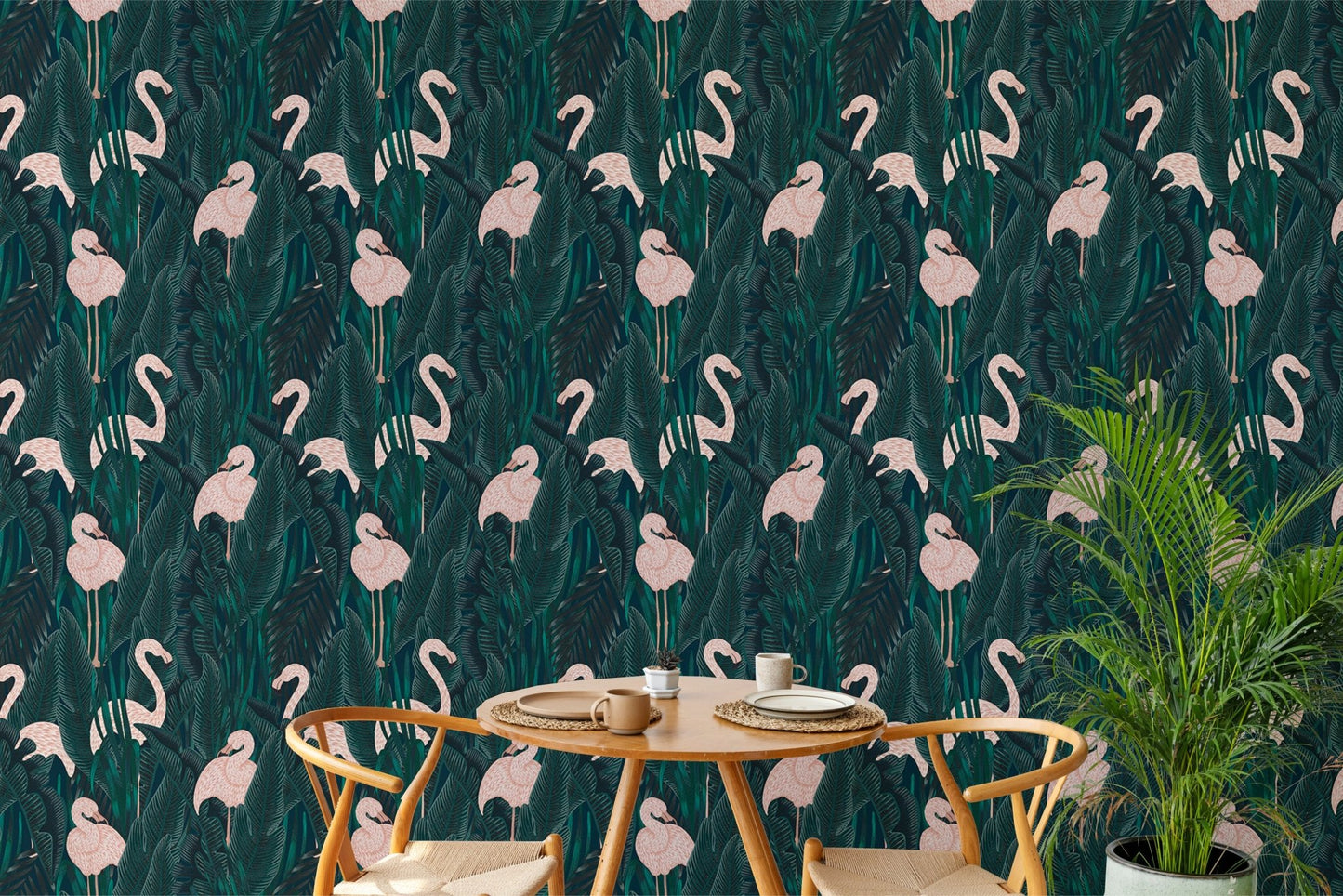 Dining area with wooden furniture and pink flamingo wallpaper.