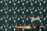 Rich exotic wallpaper showcasing delicate pink flamingos in reading area.