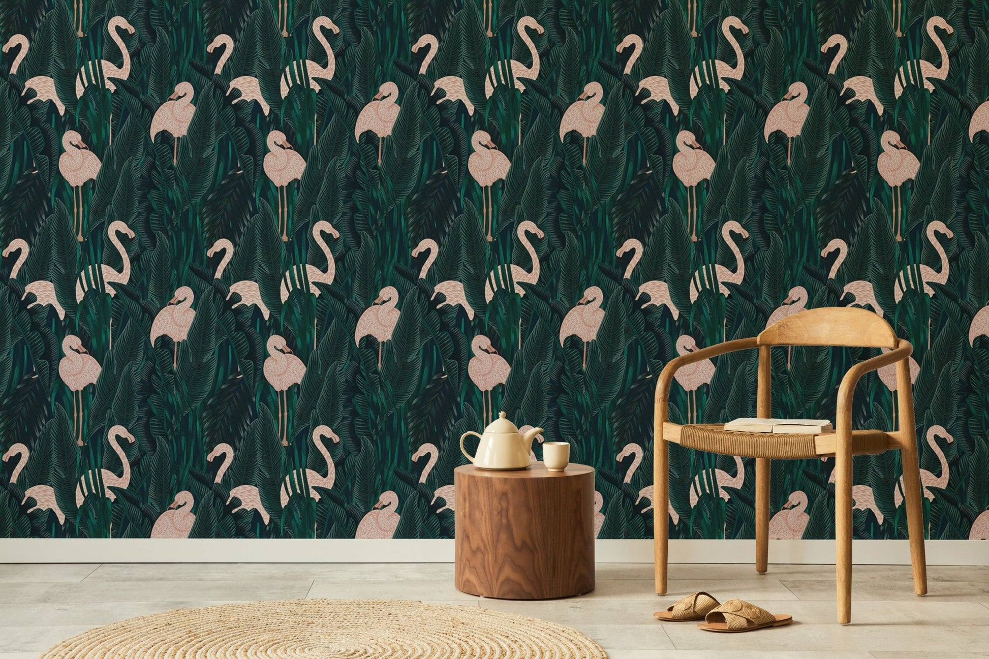 Modern living area featuring a wooden chair and flamingo print wallpaper.