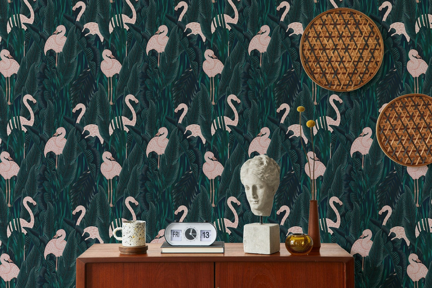Flamingo-themed wallpaper with a graceful exotic touch in study space.