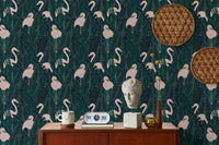 Flamingo-themed wallpaper with a graceful exotic touch in study space.