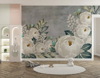 Peony sketch wall mural blending graceful florals and grunge style for kids room.
