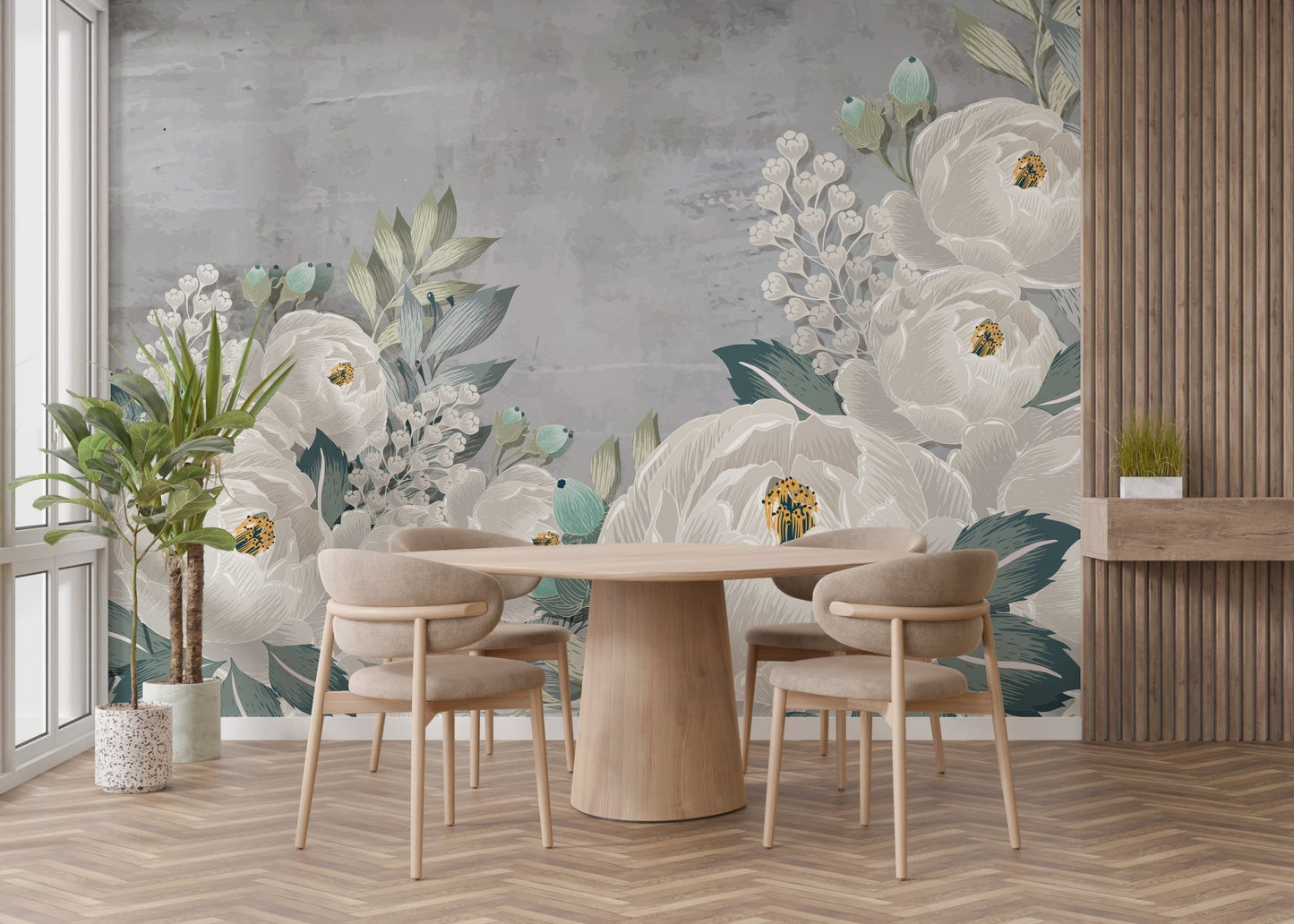 Grunge-style wall mural featuring delicate peony sketch details for dining room.
