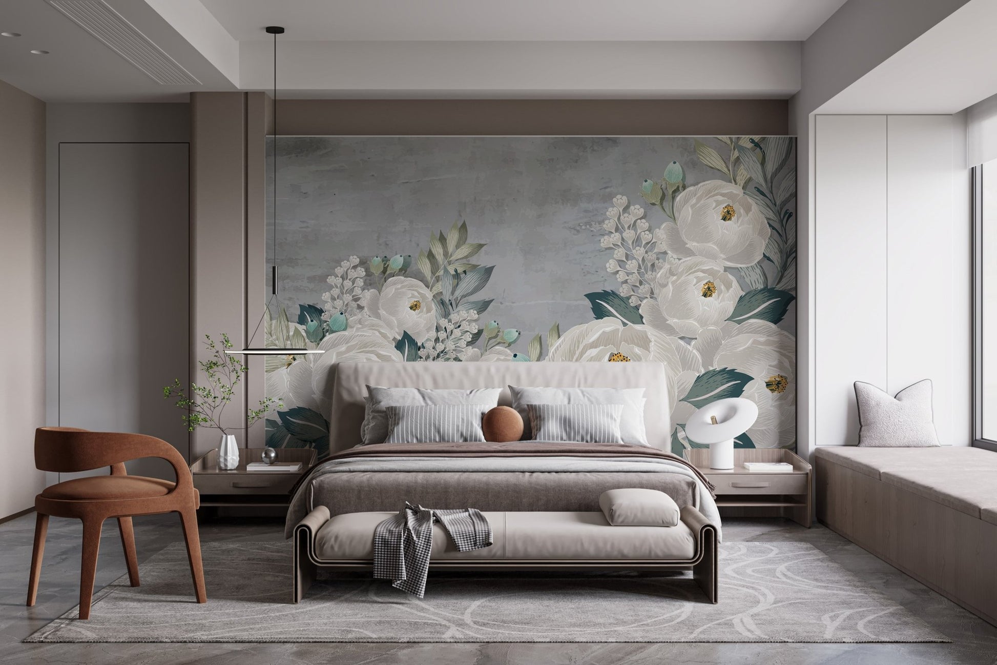 Peony sketch mural blending grace and grunge for bold bedroom walls.
