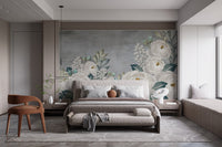 Peony sketch mural blending grace and grunge for bold bedroom walls.
