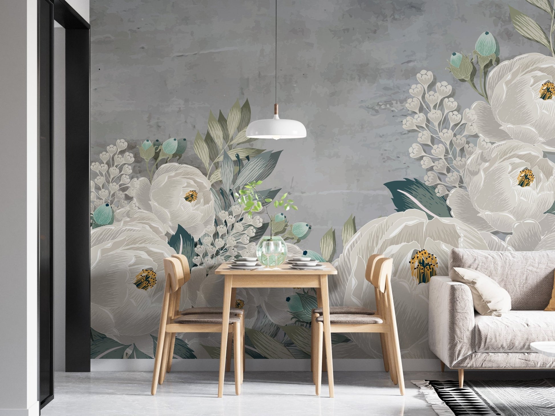 Grunge-inspired wall mural with artistic peony sketch designs for dining space.
